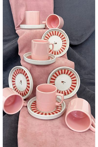 Erbaşlar Love Bird Red Series 12 Piece Luxury Ceramic Coffee Cup Set Turkish Coffee Cup