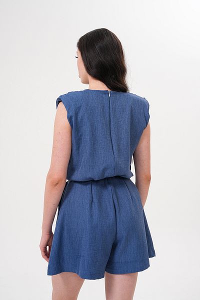 Shine Fine Women's Navy Blue V-Neck Pocketed Short Zippered Shoulder Padded Jumpsuit Shorts