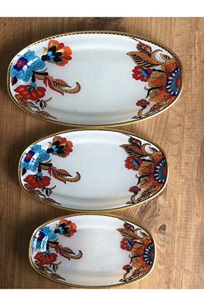 B&M White Flower Patterned Presentation Boat Plate - Set of 3