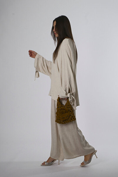 ABBRA Women's Cotton Crew Neck Sleeve Tie up Loose Blouse Suit