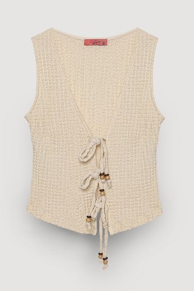 Quzu Seersucker Blouse with Beaded Lacing Stone