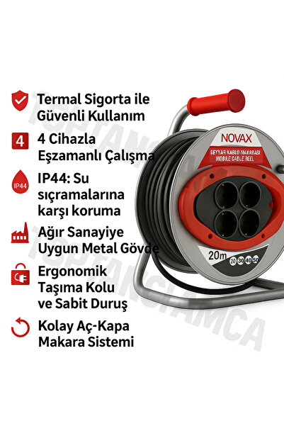 Toptancı Amca Metal Makaralı Seyyar 4 Prizli Uzatma Kablosu 3x2.5 mm TTR Kablo 50 Metre Termal Sigorta