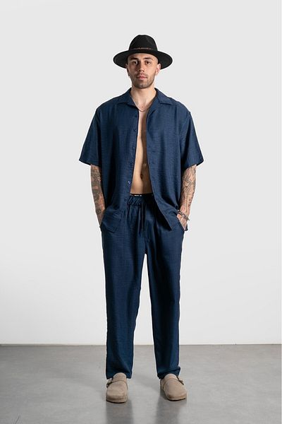 Twobucks Navy Blue Bamboo Linen Men's Shirt and Pants Suit