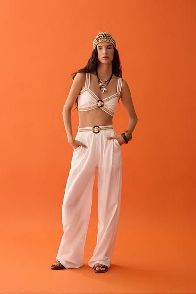 Quzu Embroidered Waist Wide Leg Trousers with Buckle Accessories Ecru