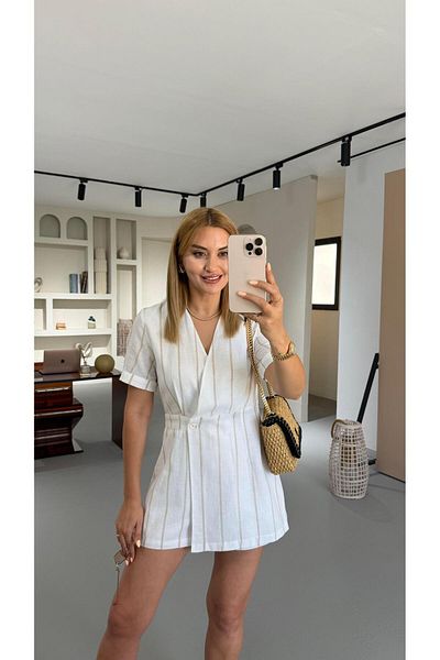 Sezgi Tekin Premium Series Double Breasted Collar Natural Striped Ecru Linen Shorts Jumpsuit