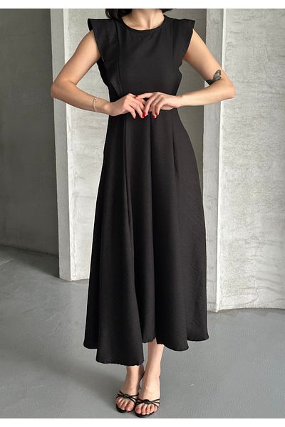 Moda Palmiss Women's Black Flounce Detailed Sleeveless Flared Dress