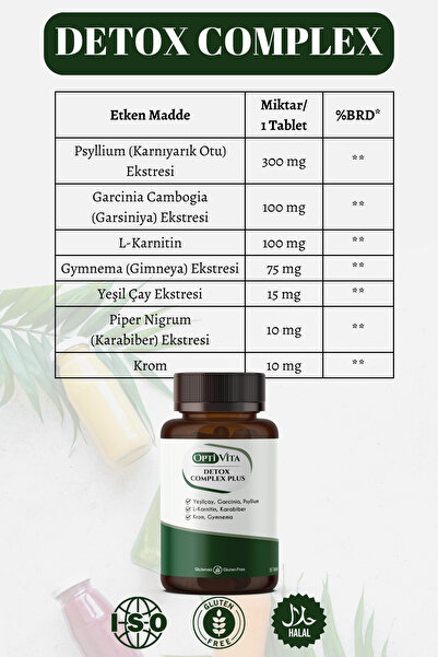 Optivita Detox Complex Plus 30 Tablet Yeşilçay, L-Karnitin, Garsiniya, Krom, Psyllium, Karabiber Ekstresi
