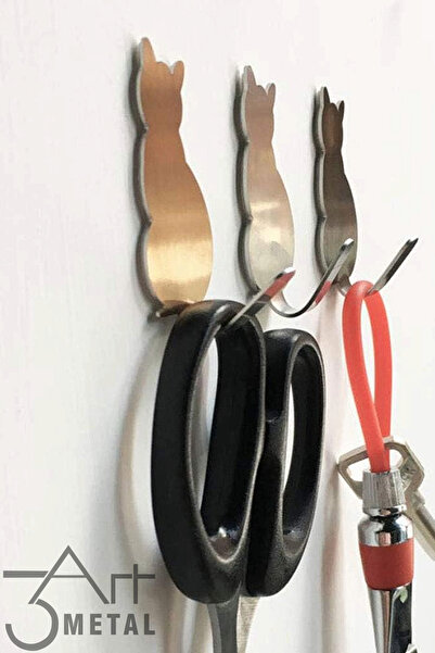 3art Metal 3lü Paslanmaz Kedi Figürlü Metal Askılık - Askı - Anahtarlık - Elb...