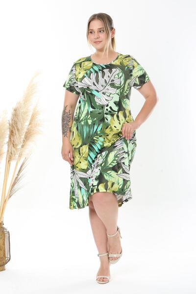 Madwilo Women's Green White Tropical Pattern Midi Dress