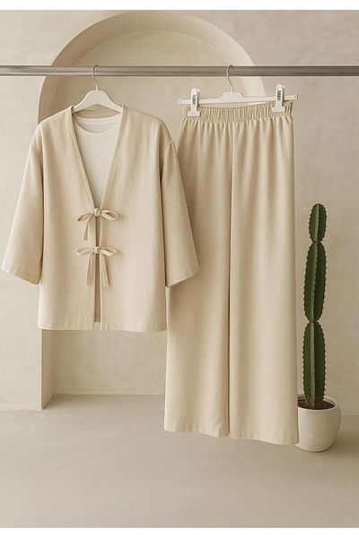 New Lune - Women's Wear Linen Baglam Kimono Suit, Double Suit, Bottom Top Suit