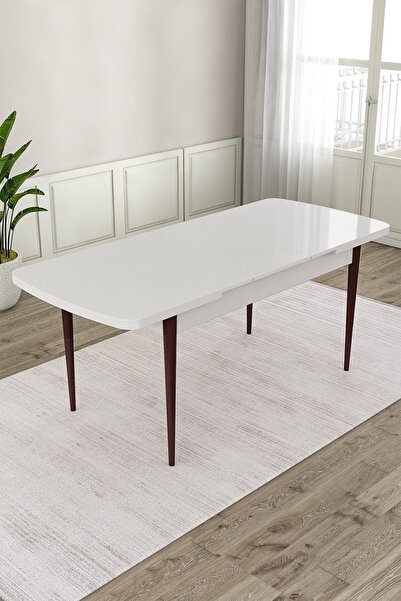 Canisa Eta Serisi, Beyaz Masa Kahve Ayak 80x132 Mdf Mutfak Masa Takımı, 4 Krem Sandalye Ve 1 Bench