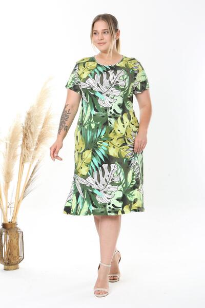 Madwilo Women's Green White Tropical Pattern Midi Dress