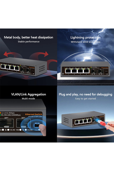 Choice1 EU Plug 2.5Gbps Ethernet Switch 4 Port 2500Mbps Network Switcher 2 Port 10G SFP+ Slot Home Lab Hub I