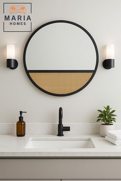 MARIA HOMES Modern Round Wall Mirror 100 cm – Black Frame with Rattan Accent