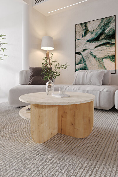 OBİ Atölye Rubo Orta Sehpa Raflı Iskandinav Orta Sehpa 72 Cm, Bohem - Traverten & Safir Meşe