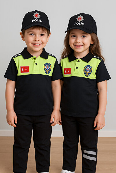 vyloo Polis Kostümü-Polo Yaka Sarı Trafik Polis Kıyafeti Kısa Kol