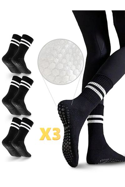Bellanora Pachet de 3 șosete pentru femei, alb-negru, cu talpă din cauciuc anti-alunecare, Pilates, yoga, fitness, dans, activitate, alergare, tenis, sport