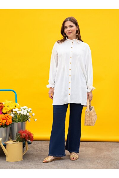 ALİA Yakası Fırfır Detaylı Büyük Beden Aerobin Tunik - Off white - Alia