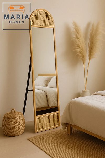 MARIA HOMES Natural Rattan Arched Full-Length Mirror – Freestanding Wood Frame Dressing Mirror for Bedroom