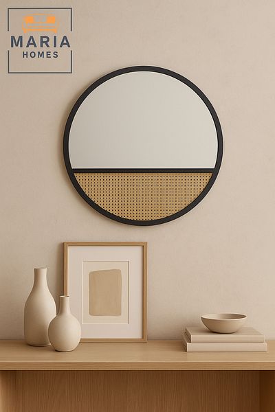 MARIA HOMES Modern Round Wall Mirror 100 cm – Black Frame with Rattan Accent
