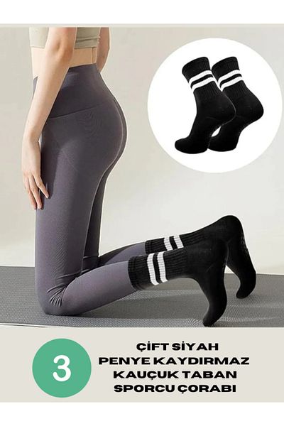 Bellanora Pachet de 3 șosete pentru femei, alb-negru, cu talpă din cauciuc anti-alunecare, Pilates, yoga, fitness, dans, activitate, alergare, tenis, sport