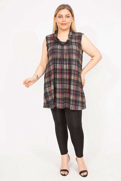 Şans Women's Colorful Plus Size Plaid Patterned Lycra Tunic with Ribbed Stitching on the Chest 65n35762