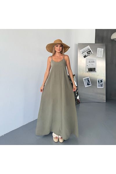 Ahsenbutik Women's Adjustable Strap Long Dress - Green