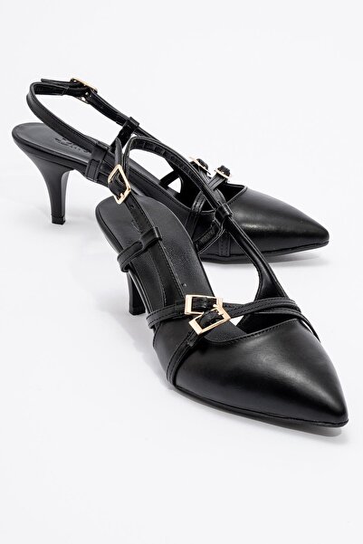 Ccway Pantofi cu toc de damă din piele lăcuită neagră cu 3 catarame