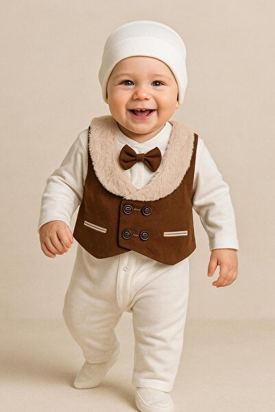 Ponpon Baby 6 parça Erkek bebek mevlüt takımı yakası kürk peluş bebek hediyelik