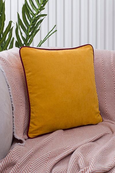 ASDİVA Panbiy Panoroma Punch Burgundy Piping Plain Throw Pillow Cover - Yellow 45X45 cm