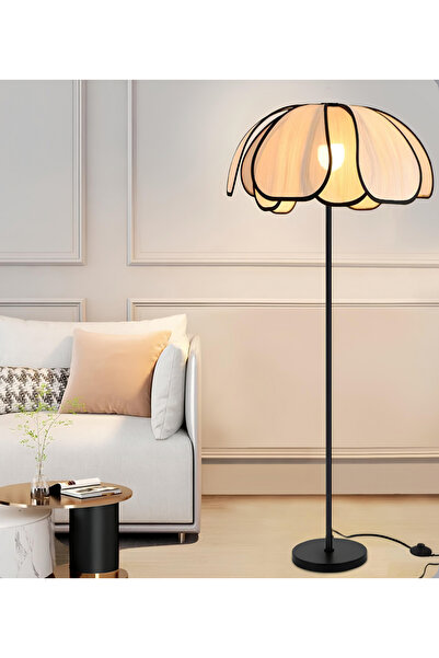 burenze Boheme Modern Tasarım Palm Burenze Dekoratif Lambader Siyah Gövde Ekru Kumaş Abajur