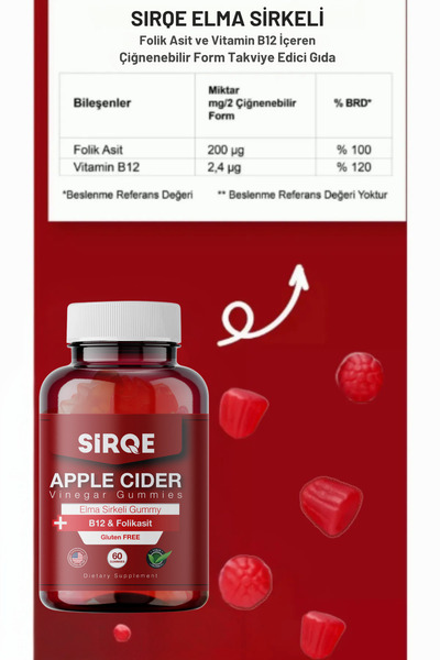 SİRQE Elma Sirkeli B12 & Folik Asit Gummy 60 Adet Jelatinsiz Glütensiz Vegan ve Gdo'suz