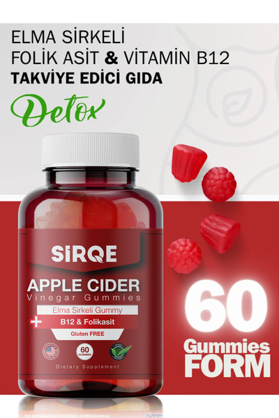 SİRQE Elma Sirkeli B12 & Folik Asit Gummy 60 Adet Jelatinsiz Glütensiz Vegan ve Gdo'suz