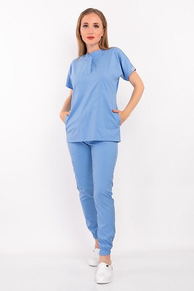 Nur Medikal Giyim Çağla Model Soft Lycra Baby Blue Guler Scrubs Set Uniforme Asistentă Doctor
