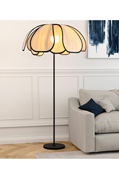 burenze Boheme Modern Tasarım Palm Burenze Dekoratif Lambader Siyah Gövde Ekru Kumaş Abajur