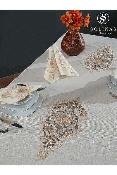 Solinas Collection Venora Cream Linen Fabric Mink Embroidered 25 Piece Tablecloth Set
