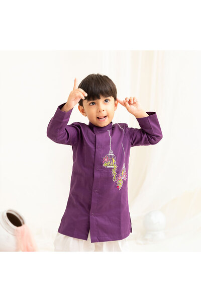 KeeBee Organic Cotton Birdcages Embroidered Purple Kurta Paired With Patiyala Pants