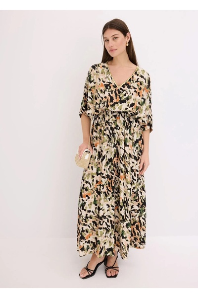 Şans Women's Plus Size Colorful, V-Neck, Collar Sequin Detail Batwing Sleeve Viscose Dress 65N38979