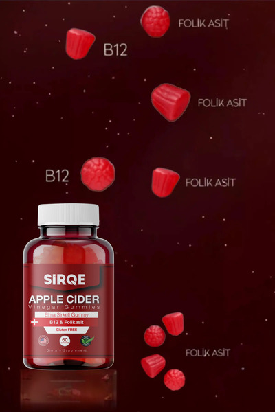 SİRQE Elma Sirkeli B12 & Folik Asit Gummy 60 Adet Jelatinsiz Glütensiz Vegan ve Gdo'suz