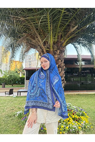 MODA شال من سلسلة مودال الناعمة بنمط عرقي ساكس أزرق