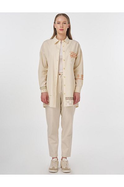 Kayra Linen Blended Embroidered Tunic Cream