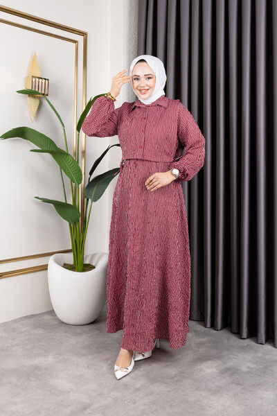 Sfg Life Moda قميص نسائي بورجوندي ملابس إسلامية مفصلة مخططة من الفسكوز فستان ...