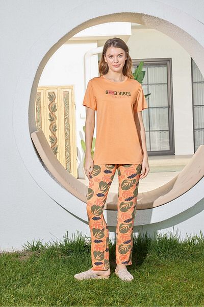 Aydoğan Women's Short Sleeve Orange Viscose Pajamas Suit 240953