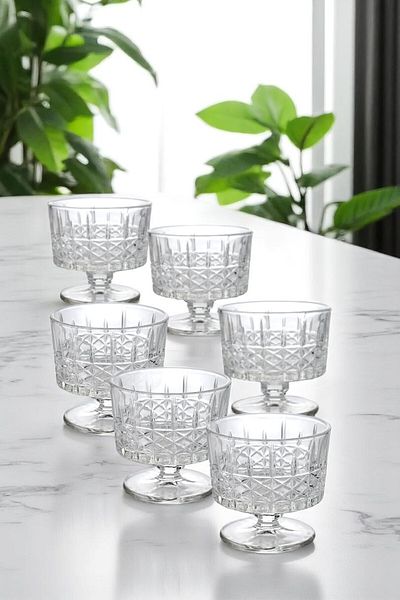 TrendDeco Set of 6 Glass Bowls with Legs, Sugar Bowl, Snack Bowl, Pudding Magnolia Ice Cream Bowl, Presentation Bowl