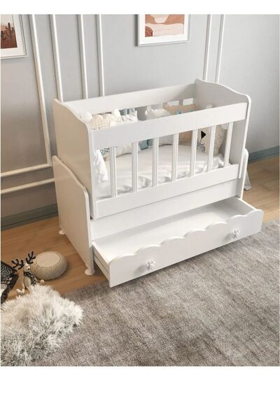 ardilla furniture Çekmeceli Sallanır Anne Yanı Ahşap Bebek Beşiği Beyaz