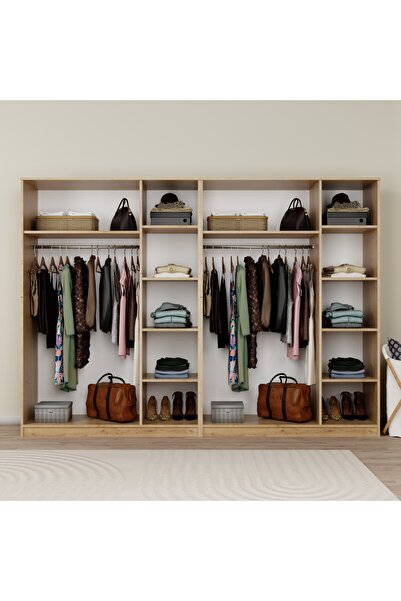 midoser Lucas 6 Kapaklı, 12 Raf Bölmeli, Askılıklı Geniş Elbise Dolabı, Gardırop Seti, Safir Meşe 190*270