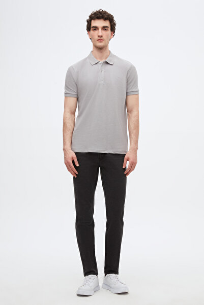 D'S Damat Regular Fit Gray Pique Textured 100% Cotton Non-Curling Polo Neck Embroidered T-Shirt