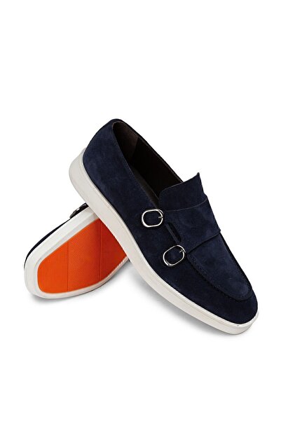 Deery Мъжки мокасини от естествен велур с двойна катарама в тъмносини цветове