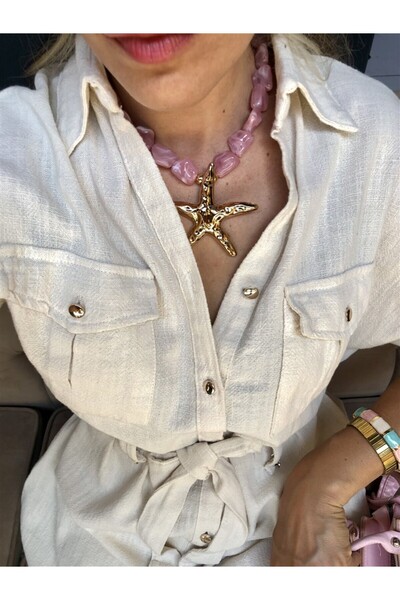 Gözde Tasarım Butik Women's Batik Pink Color Imported Glass Bead Bone Sea Star Necklace