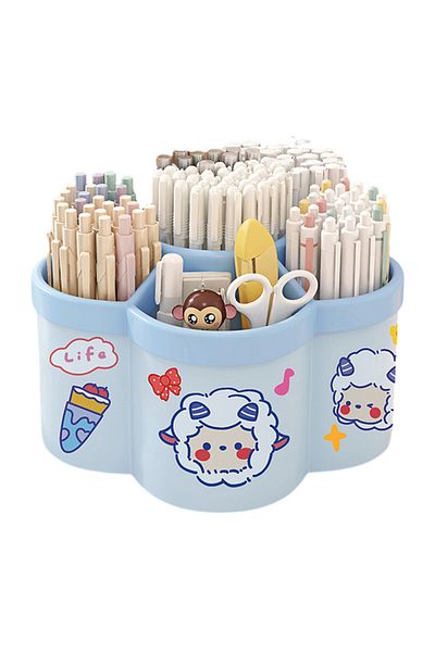 Choice Sky Blue Rotating Pen Holder Desk Organizers Large Capacity Pen Storage Box Cosmetic Brush Organizat